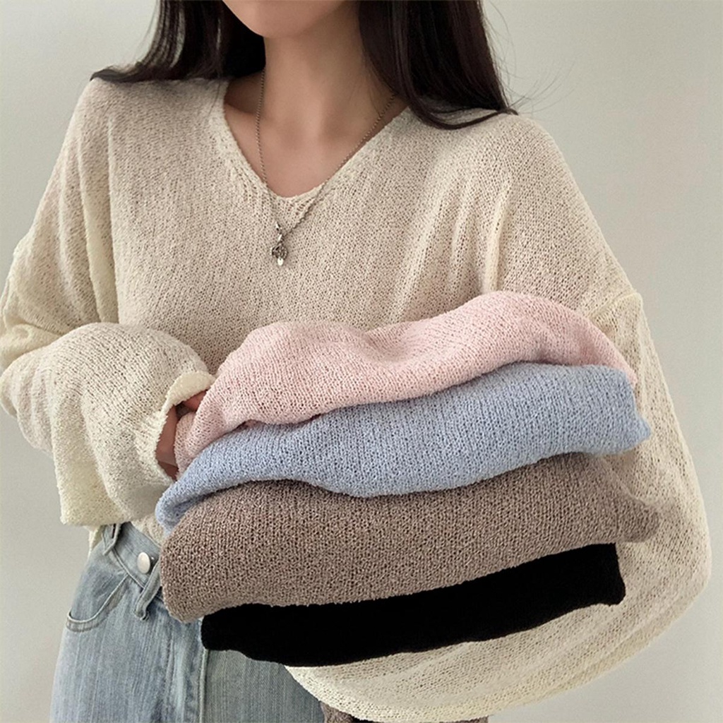 👚Konw👚❤️2941❤️ ​พร้อมส่ง เสื้อคอวีไหมพรมแขนยาว ผ้าบางนิ่มใส่สบาย แฟชั่นเกาหลี ย้อนยุค ใหม่ 2023