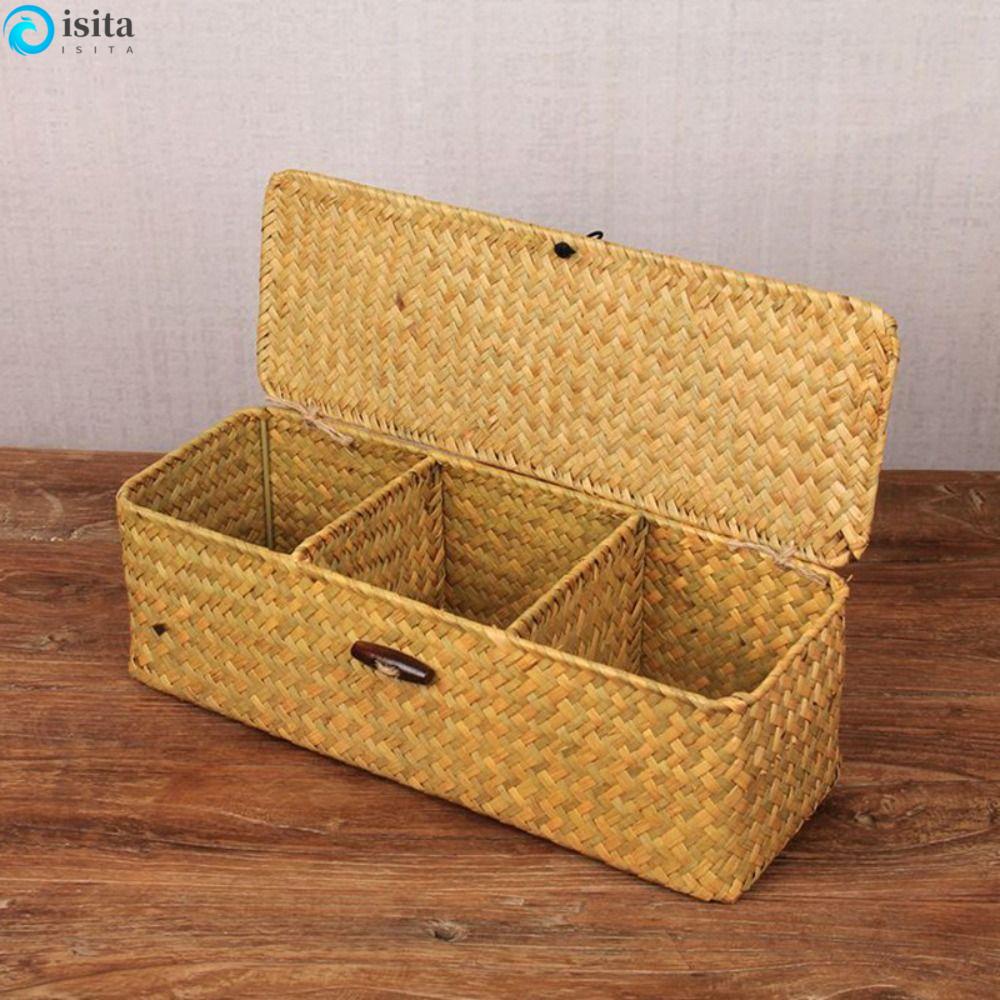 Isita ตะกร้าหวายสานมือ ทรงสี่เหลี่ยมผืนผ้า 3 ช่อง กันฝุ่น พร้อมฝาปิด แฮนด์เมด สําหรับสํานักงาน