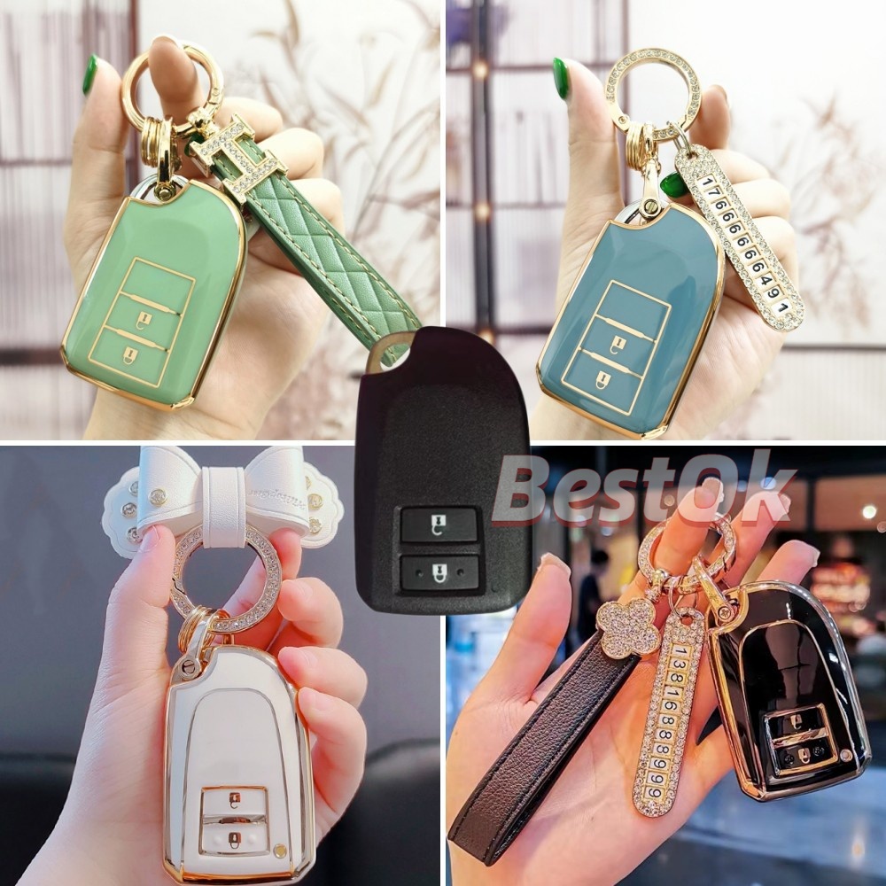 เคสกุญแจรถยนต์ TPU ขอบทอง 2 ปุ่ม พร้อมพวงกุญแจ สําหรับ Toyota Vios Yaris Ativ Hiace Chrome 2018 2019