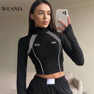 Weania เสื้อยืด แขนยาว พิมพ์ลายตัวอักษร สีตัดกัน สไตล์ฤดูใบไม้ร่วง สําหรับผู้หญิง