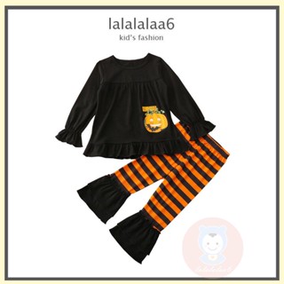 Laa6- เสื้อแขนยาว คอกลม แบบสวมหัว และกางเกงขายาว ลายทาง ฮาโลวีน สําหรับเด็กผู้หญิง