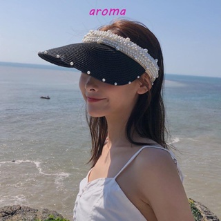 Aroma หมวกปีกกว้าง กันแดด ประดับมุก ป้องกันรังสียูวี หรูหรา เหมาะกับเดินชายหาดกลางแจ้ง สําหรับผู้หญิง