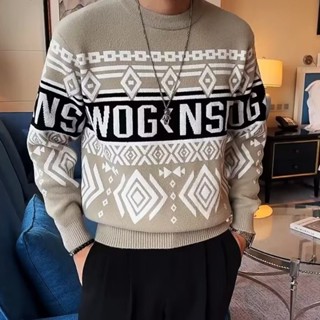เสื้อกันหนาว คอกลม ผ้าแจ็คคาร์ด แบบเข้ารูป ผ้าถัก แต่งระบาย สําหรับผู้ชาย