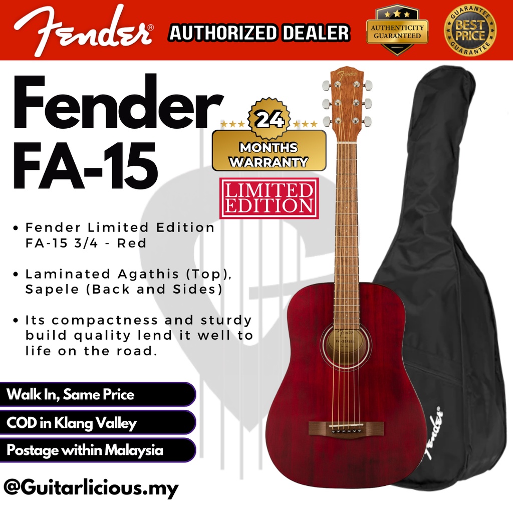 Fender Limited Edition FA-15 3/4 Size Steel String Acoustic Guitar w/ Gig Bag - สีแดง ( 36 นิ้ว / FA