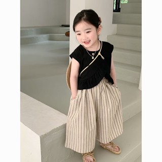 Shopkeepers selection# Korean childrens clothing girls Western style suit 2023 summer womens treasure lotus leaf sleeveless doll shirt vertical bar wide leg pants two-piece set 9.5N