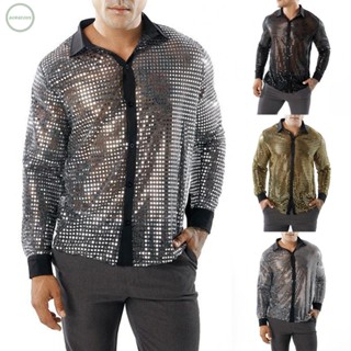 GORGEOUS~Men Sequined Shirt Party Retro 70s Disco Sequins Shirt Shirts Long Sleeve