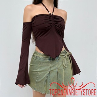 Topone- เสื้อครอปท็อปแขนยาว เปิดไหล่ เปิดหลัง สีพื้น สําหรับผู้หญิง