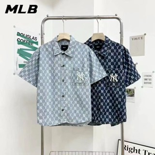 เสื้อแจ็กเก็ตยีนแขนสั้น ปักลายโลโก้ MLB NY 100% สําหรับผู้ชาย และผู้หญิง