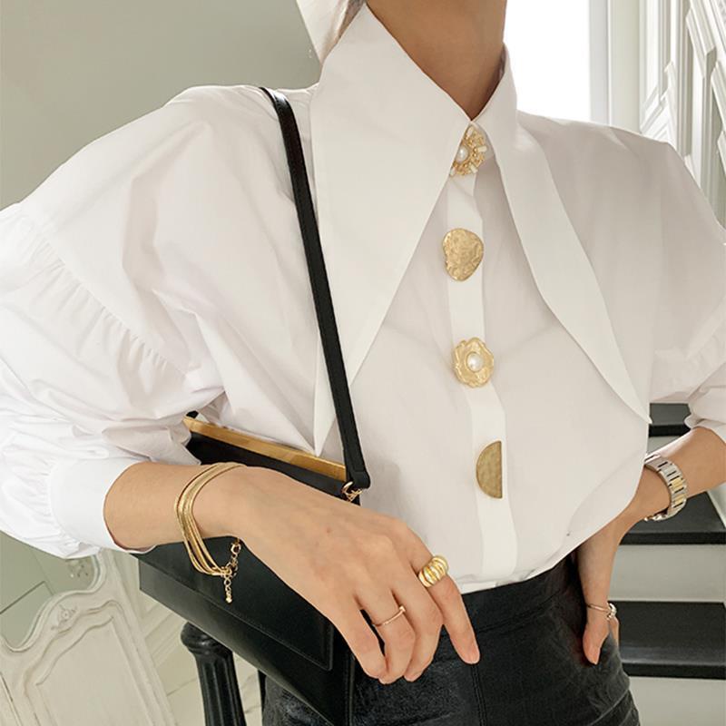เสื้อเชิ้ตแขนทรงโคมไฟ คอปก กระดุมแถวเดียว ทรงหลวม หรูหรา รูปที่ 4