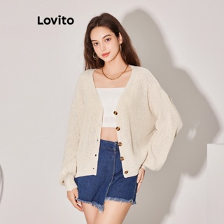 Lovito เสื้อคาร์ดิแกน มีกระดุม สีพื้น สไตล์ลำลอง สำหรับผู้หญิง L59ED007 (สีแอปริคอต)