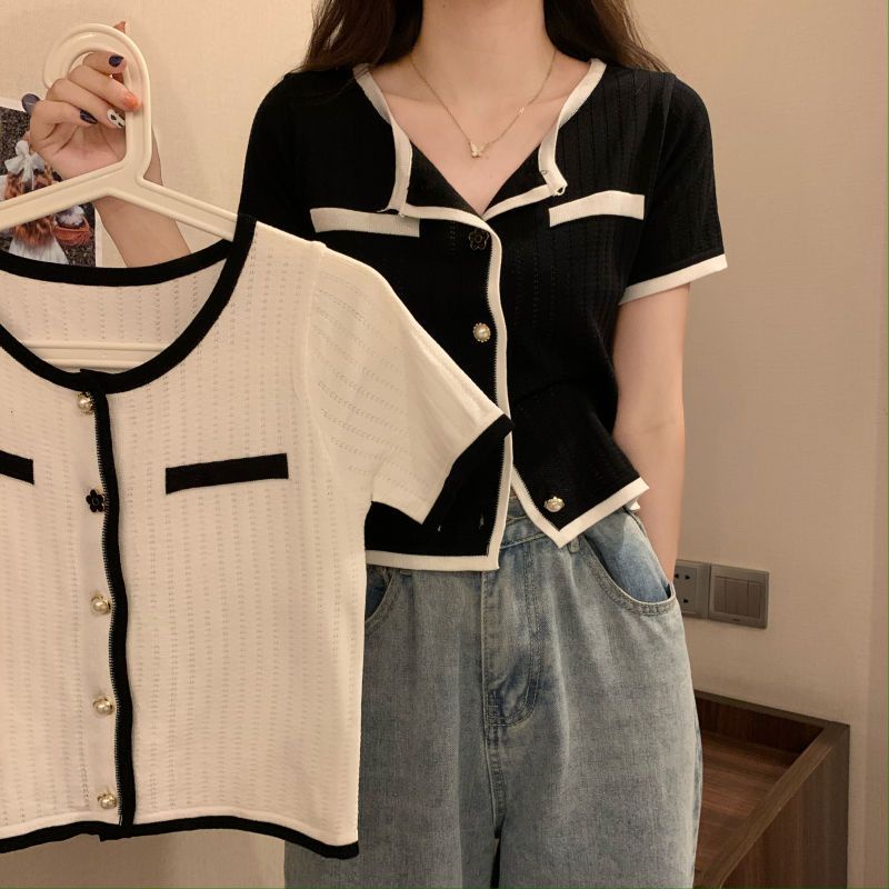 ใหม่ เสื้อยืดแขนสั้น ผ้าถัก แบบบาง ประดับไข่มุก แต่งรูกลวง สีขาว แฟชั่นฤดูร้อน สําหรับผู้หญิง 2023