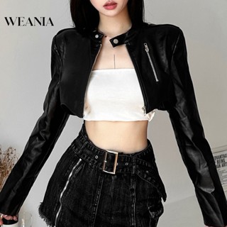 Weania เสื้อแจ็กเก็ต คอกลม แขนยาว มีซิป สีพื้น ทรงสลิมฟิต สไตล์สตรีท แฟชั่นสําหรับผู้หญิง