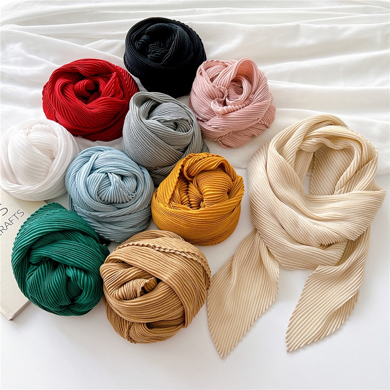 Vintage Crinkle Scarves Pleated Solid Color Square Striped Shawl Classic Simple Fashion 90*90cm