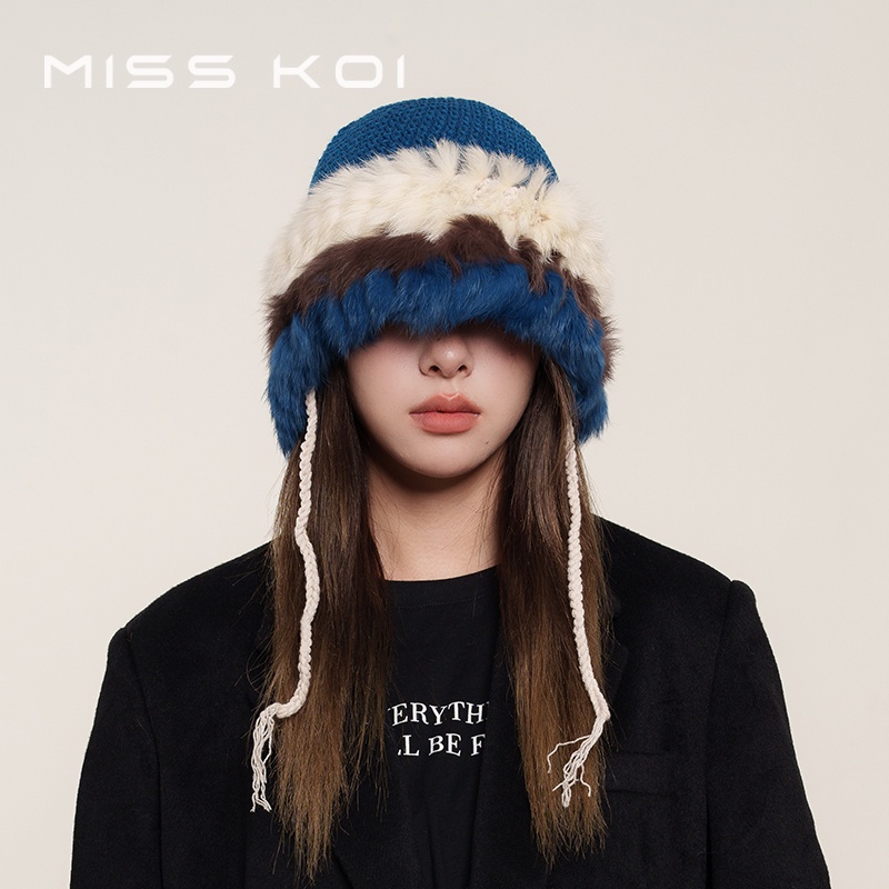 Misskoi [พร้อมส่ง] หมวกผ้าขนสัตว์ถัก แต่งขนกระต่ายน่ารัก ให้ความอบอุ่น แฟชั่นฤดูใบไม้ร่วง ฤดูหนาว สําหรับผู้หญิง