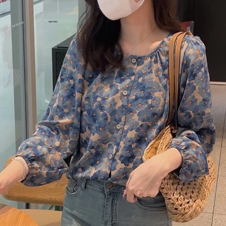 ทพร้อมส่ง！เสื้อเชิ้ตแขนยาวลายดอก ผ้าชีฟองทรงหลวม สไตล์เกาหลี ฝรั่งเศส พลัสไซส์ เหมาะใส่วันสงกรานต์ ผ้าเบาสบาย