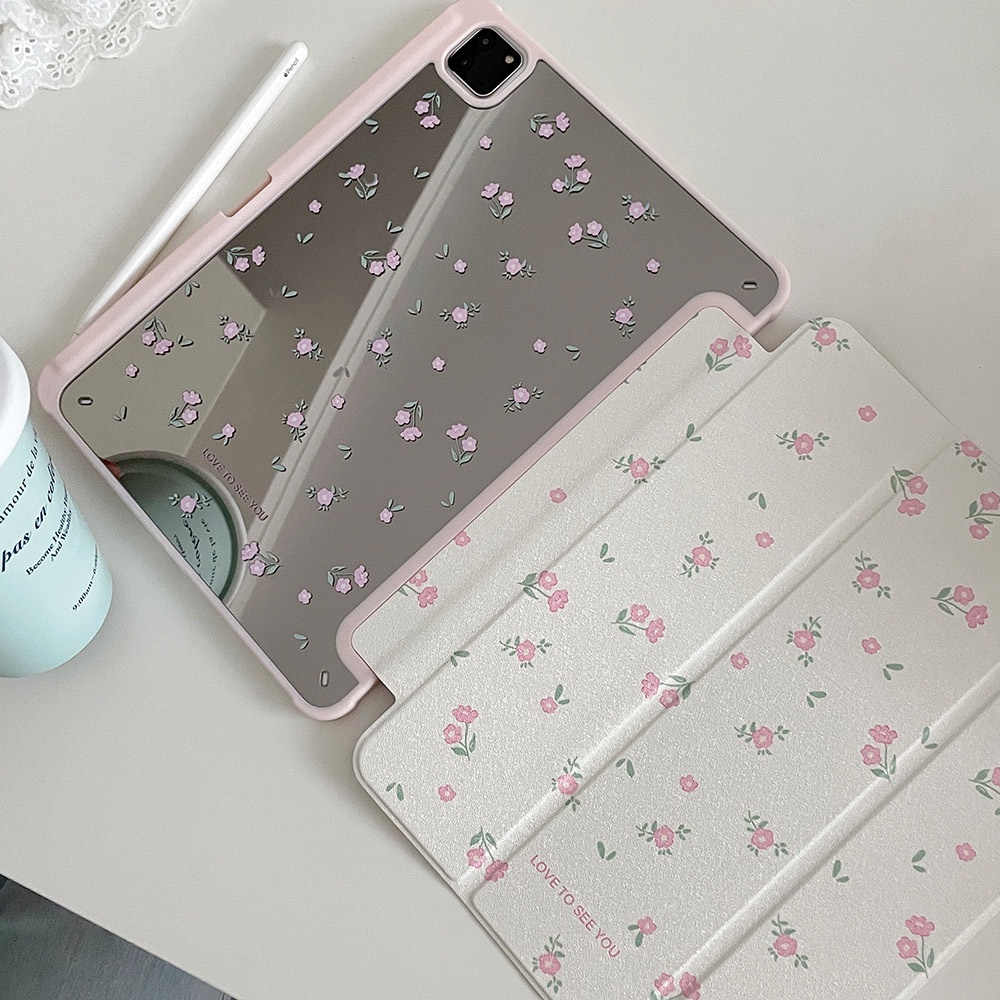 เคสแข็ง ลายดอกไม้ สีขาว พร้อมกระจก สําหรับ IPad Mini6 IPad5 6 7 8 9 10 Air Air1 Air2 Air3 Air4 Air5 