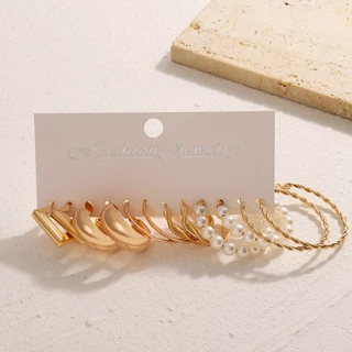 Vintage Pearl Square Hoop ต่างหู 6 คู่ชุดสําหรับผู้หญิงแฟชั่นเครื่องประดับของขวัญ