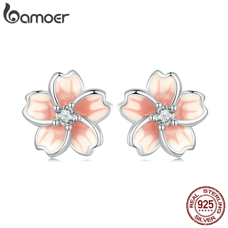 Bamoer ต่างหูเม็ดเดี่ยว เงินแท้ 925 รูปดอกซากุระ เครื่องประดับ สําหรับผู้หญิง