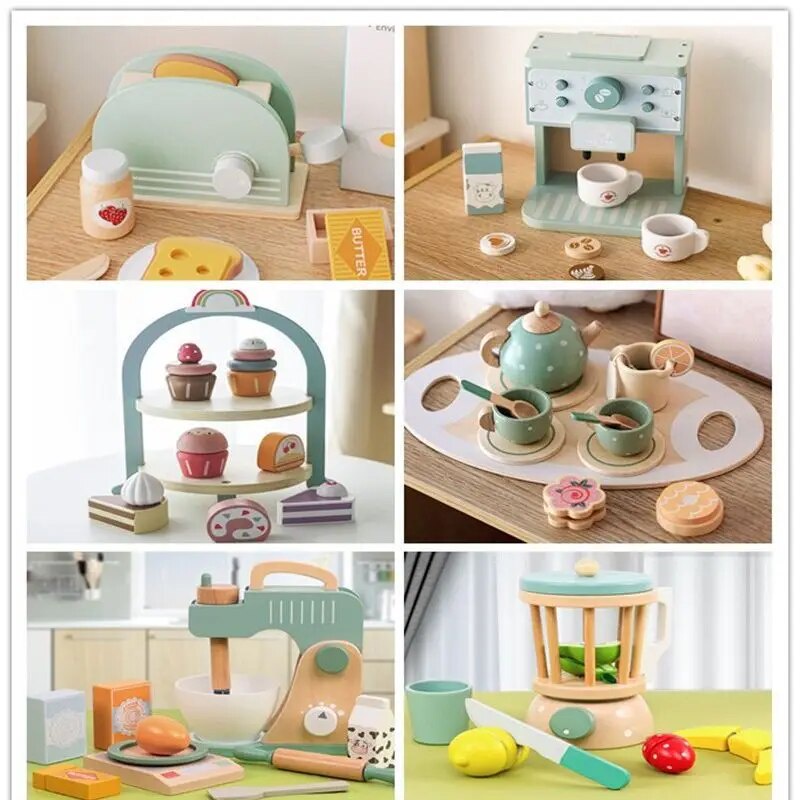 Children's Home Cooking Mini Kitchen Toy Girl Cooking Toy Simulation Wooden Tea Set Ice Cream Rack Bread Machine kitchen