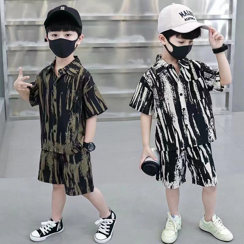 ชุดเสื้อเชิ้ตแขนสั้น และกางเกง ระบายอากาศได้ดี แบบแห้งเร็ว แฟชั่นฤดูร้อน สําหรับเด็กผู้ชาย