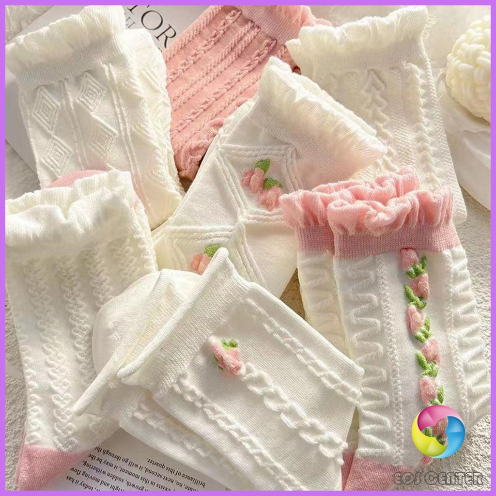 EC. ถุงเท้าลายดอกไม้  แฟชั่นโลลิต้า  วัสดุผ้าฝ้ายโพลีเอสเตอร์ สไตล์ญี่ปุ่น  Women socks - รูปที่ 5