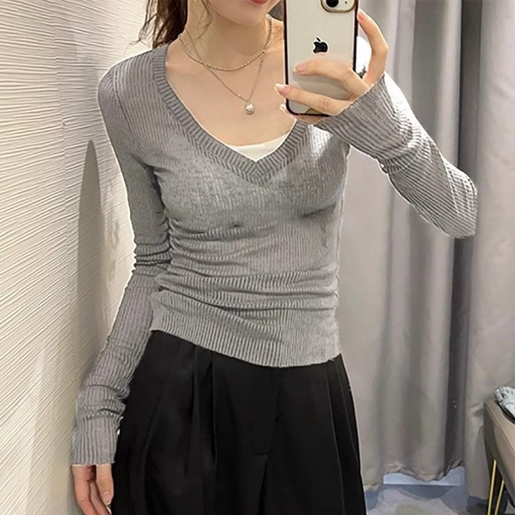 Dahong 🔥 เสื้อยืดแขนยาวทรงหลวม  ฤดูใบไม้ร่วงใหม่ร้อนสาวเสื้อยืดแขนยาว เกาหลี ใส่สบาย ไม่ควรพลาด 5526 - รูปที่ 5