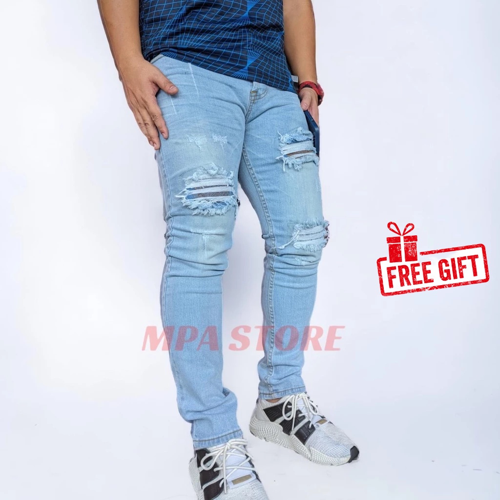 CHP Sky Blue / Seluar Koyak Kain Getah Memeri / Ripped Jeans Stylo / กางเกงยีนส์ลําลอง / กางเกงยีนส์