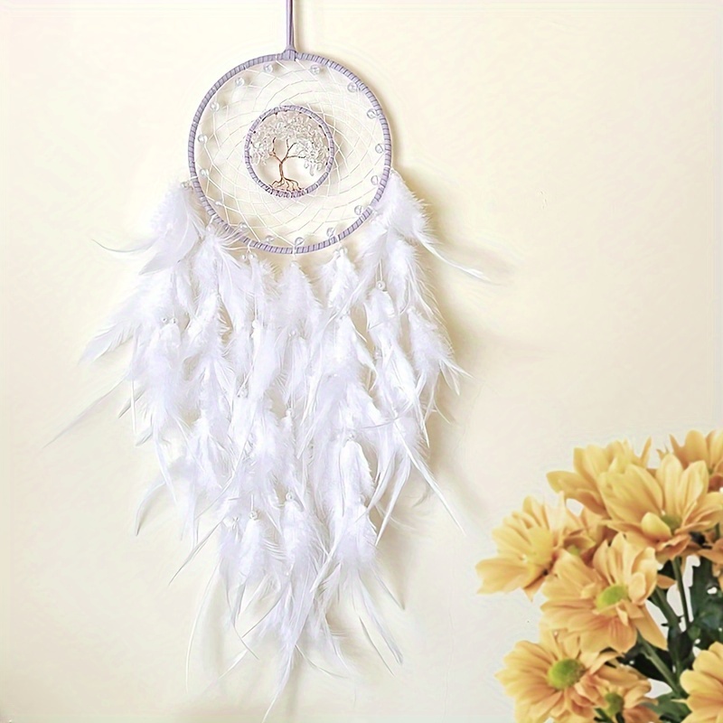 1 PC Handmade Fairy Dream Catcher, วันเกิดวาเลนไทน์สําหรับตกแต่งบ้าน,Bohemian Tree Of Life ผ้าสีขาว Full Moon พร้อม Feather Tassels,
