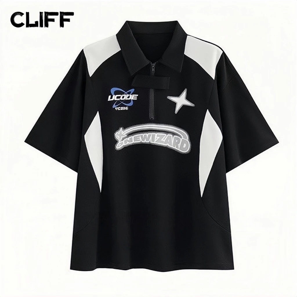 CLIFF ฮิปฮอป Hip-hop เสื้อยืดแขนสั้น คอปกโปโล ทรงหลวม สไตล์ลำลองสำหรับคู่รัก สไตล์เกาหลี สําหรับผู้ชาย