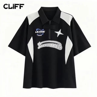 CLIFF ฮิปฮอป Hip-hop เสื้อยืดแขนสั้น คอปกโปโล ทรงหลวม สไตล์ลำลองสำหรับคู่รัก สไตล์เกาหลี สําหรับผู้ชาย