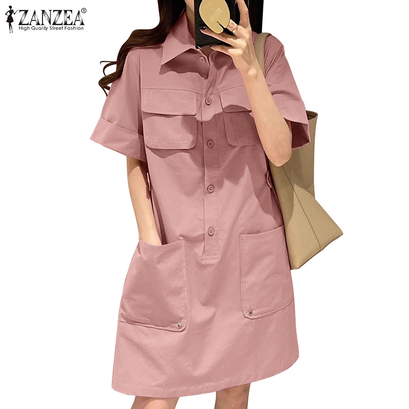 Zanzea เสื้อเชิ้ตแขนห้าส่วน มีกระเป๋า สีพื้น สไตล์เกาหลี สําหรับผู้หญิง