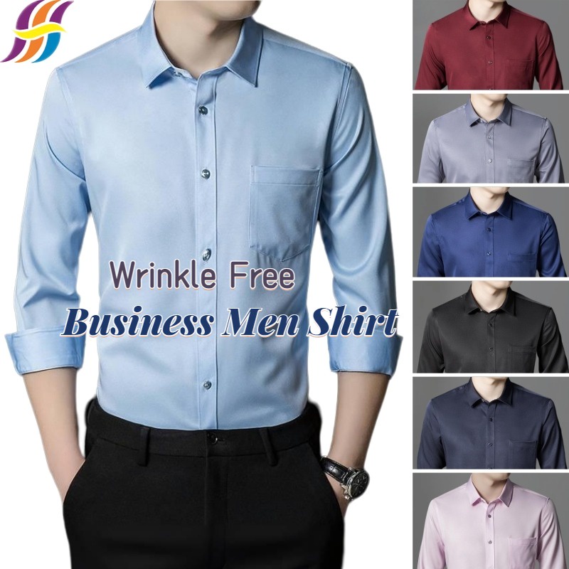 เสื้อเชิ้ตแขนยาวลําลอง แบบยืดหยุ่น เข้ารูป แต่งกระดุม แบบเป็นทางการ ไร้รอยย่น สไตล์เกาหลี สําหรับผู้ชาย