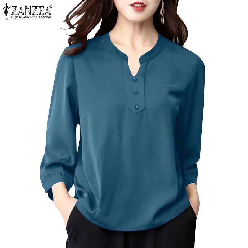 Zanzea Celmia เสื้อเชิ้ตลําลอง คอวี แขน 3/4 ทรงหลวม หรูหรา สําหรับสตรี