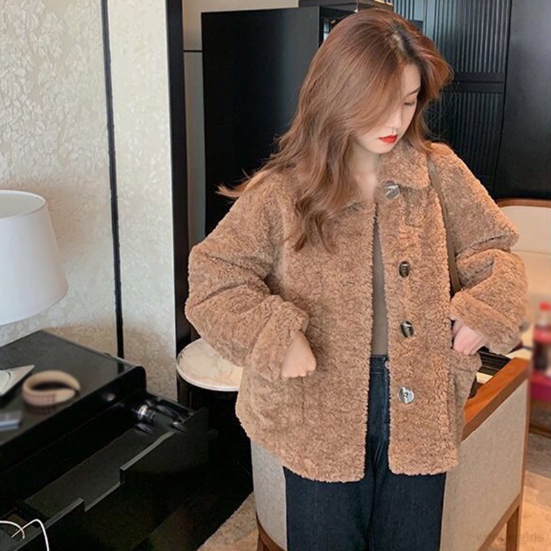 เสื้อแจ็กเก็ตลําลอง คอปกขนแกะเทียม ทรงหลวม สีพื้น แฟชั่นฤดูใบไม้ร่วง และฤดูหนาว สําหรับสตรี
