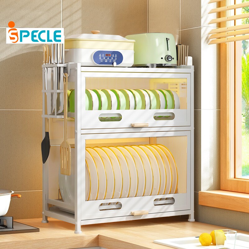 iSPECLE【รุ่นอัพเกรด】ชั้นวางจานชามพร้อมลิ้นชัก ที่คว่ำจาน ตู้ครัว ชั้นวางของครัวพร้อมถาดรองน้ำ ตู้วางของ กันฝุ่นและแมลง