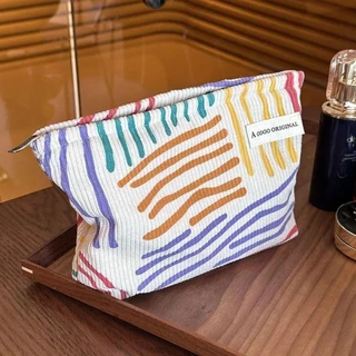 Tonfashion กระเป๋าเครื่องสําอาง ผ้าลูกฟูก ลายทาง แฟชั่นสําหรับผู้หญิง