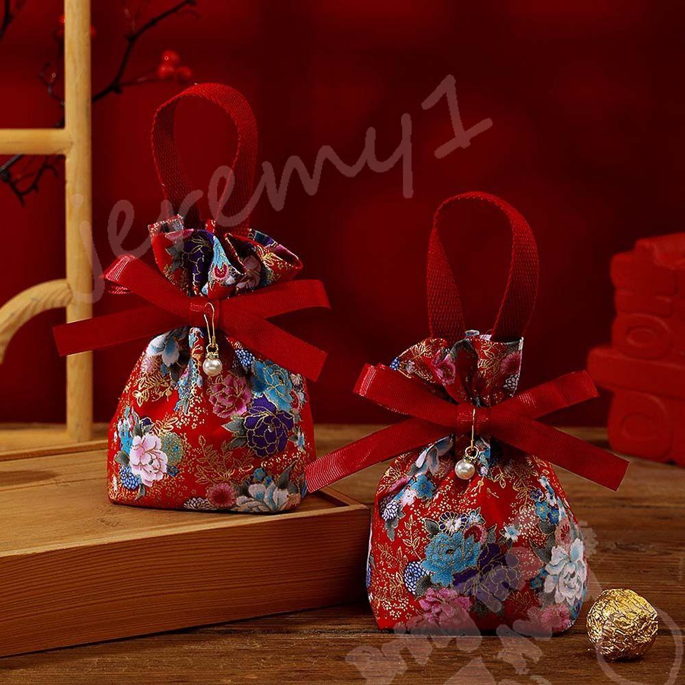 Jeremy1 กระเป๋าผ้าแคนวาส ผูกโบว์ ลายดอกไม้ ประดับไข่มุก สไตล์เกาหลี จุของได้เยอะ สําหรับใส่เครื่องประดับ งานเทศกาล