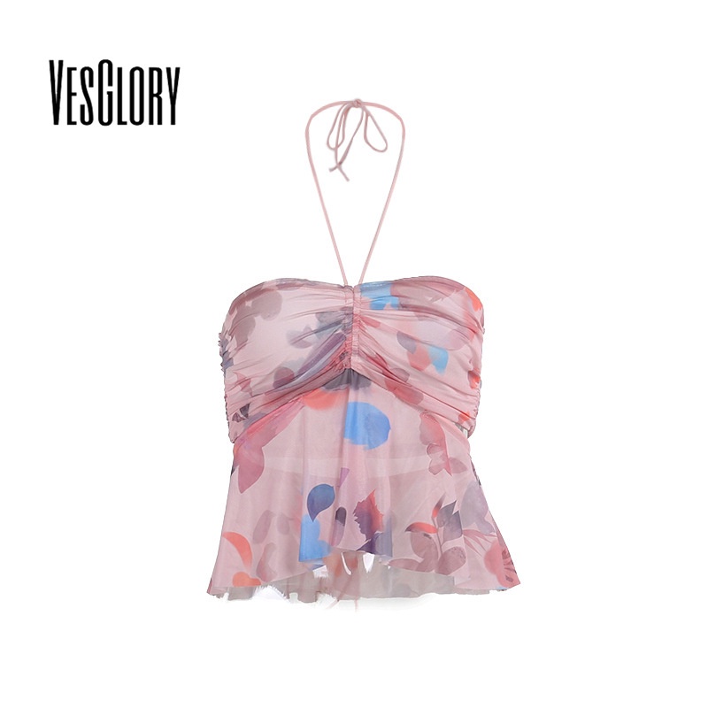 Vesglory เสื้อกล้าม เปิดไหล่ เปิดหลัง พิมพ์ลาย สีตัดกัน แฟชั่นใหม่ สําหรับผู้หญิง 2024