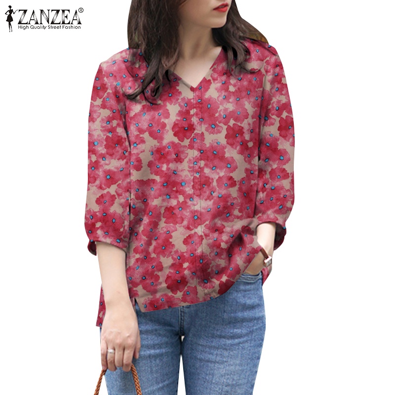 Zanzea เสื้อเบลาส์ลําลอง คอวี พิมพ์ลาย แฟชั่นสไตล์เกาหลี สําหรับผู้หญิง – โปรปัง