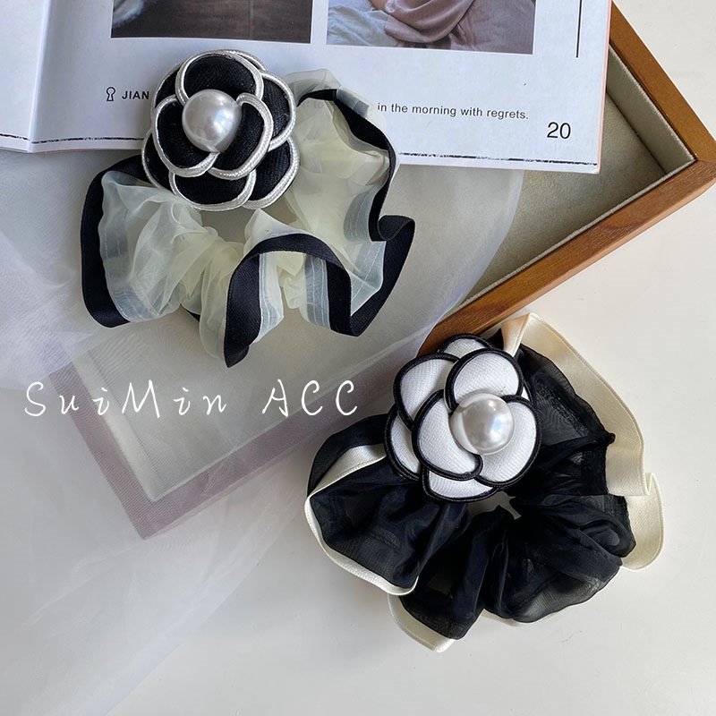 Hot Sale# Korean Version of Chanel's Style Camellia Large Intestine Circle Net Red Temperament Pleated Hair Ring Black and White Flower Style Hair Band Rubber Band Hair Accessories Female 12. 15zyl