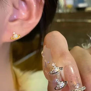 ต่างหูอัลลอย รูปดาวเคราะห์ ประดับเพชรเทียม สไตล์เกาหลี สําหรับผู้หญิง