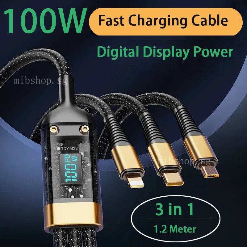 3 in 1 สายเคเบิลชาร์จ หน้าจอดิจิทัล 100W ชาร์จเร็วมาก สีโปร่งใส สําหรับโทรศัพท์ แท็บเล็ต แอนดรอยด์ USB เป็น Type C Micro USB Android