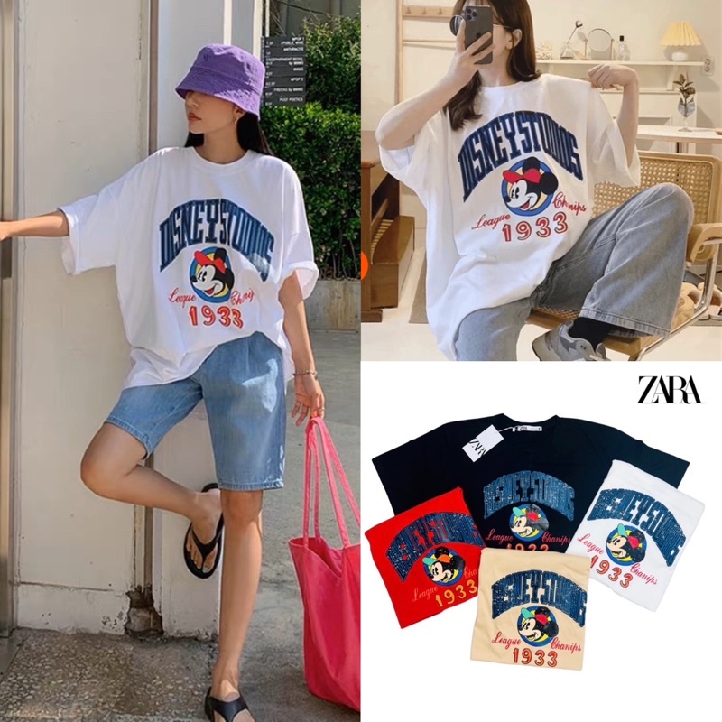 พร้อมส่ง  st.f_shop เสื้อยืด แขนสั้น คอกลม งานคอป้ายZÄRÂ เสื้อFree Size สกรีนหน้าลายมิกกี้เมาส์อก 44