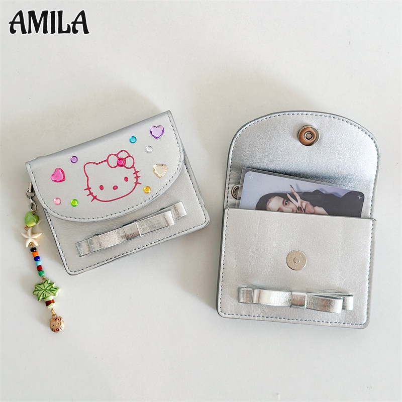 Amila กระเป๋าสตางค์ ใบสั้น ลายการ์ตูนน่ารัก สไตล์เกาหลี เรียบง่าย สีเงิน สําหรับผู้หญิง