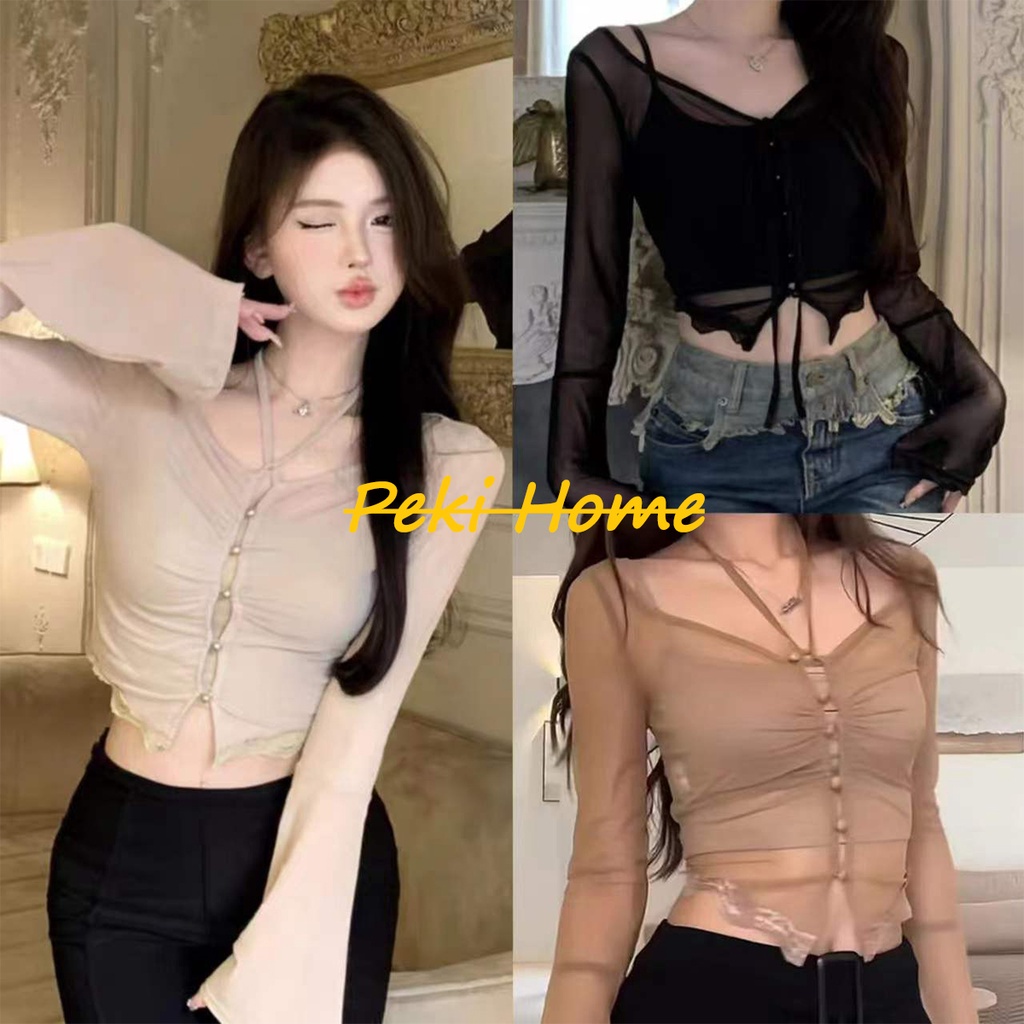 พร้อมส่ง เสื้อครอปเเขนยาว สไตล์เกาหลีเรียบง่าย สวมใส่สบาย