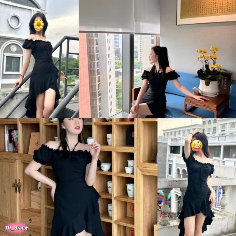 (จัดส่งจากกทม.) เดรสปาดไหล่อสมมาตรสไตล์ฝรั่งเศส เดรสสีดำตัวเล็ก จับเอวสุดเซ็กซี่（L062）