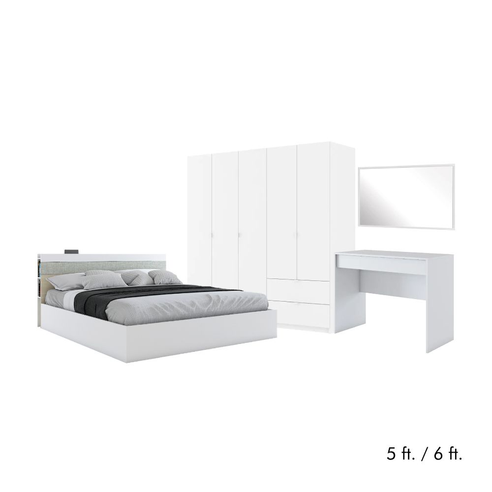 INDEX LIVING MALL ชุดห้องนอน รุ่นออกาโน่+วิต้า (เตียง, ตู้เสื้อผ้า 5 บาน, โต๊ะเครื่องเเป้ง, กระจกเงา) - สีขาว