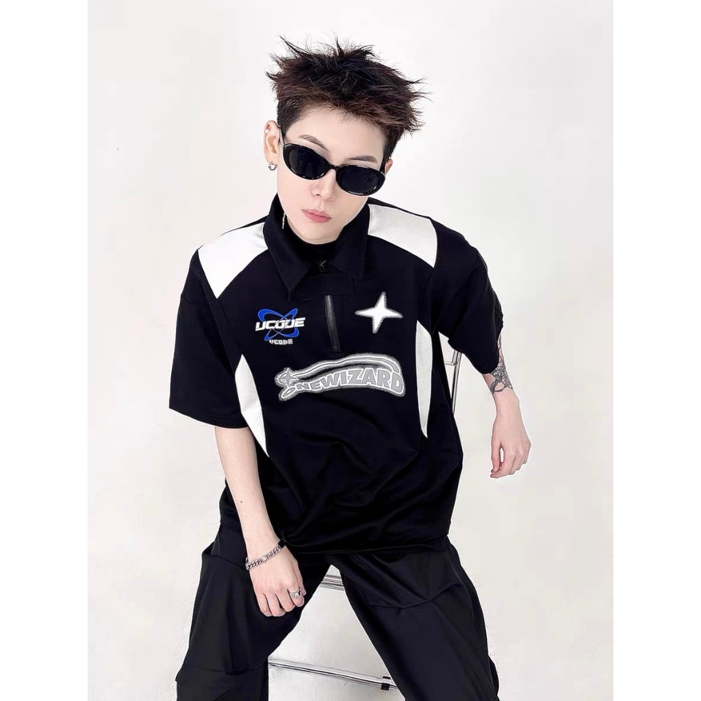 BeCoolMan🍃ใหม่อเมริกันพิมพ์เสื้อยืดแขนสั้นผู้ชายหลวมอินเทรนด์ยี่ห้อHigh Streetเสื้อโปโลสีตัดกันเสื้อลำลอง