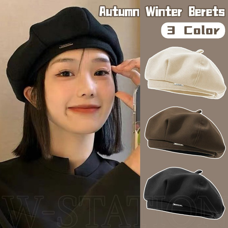 หมวกเบเร่ต์ ผ้าสักหลาด ทรงแปดเหลี่ยม สีพื้น แฟชั่นฤดูใบไม้ร่วง และฤดูหนาว สไตล์วินเทจ สําหรับผู้หญิง
