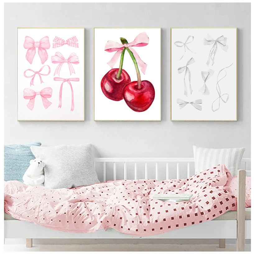 สีชมพูสีดําตลกการ์ตูนโปสเตอร์โบว์เชอร์รี่ผนังศิลปะภาพผ้าใบพิมพ์ภาพวาดสาวตกแต่งห้อง